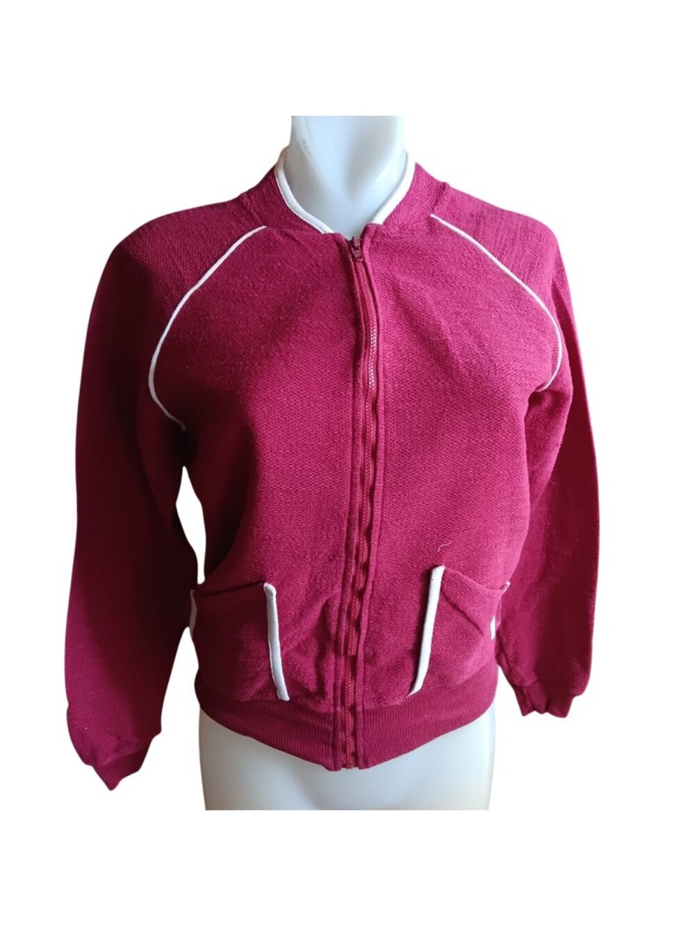 Small True Vintage Track Jacket 1970's Maroon Knit Bomber Piping JC Penney
